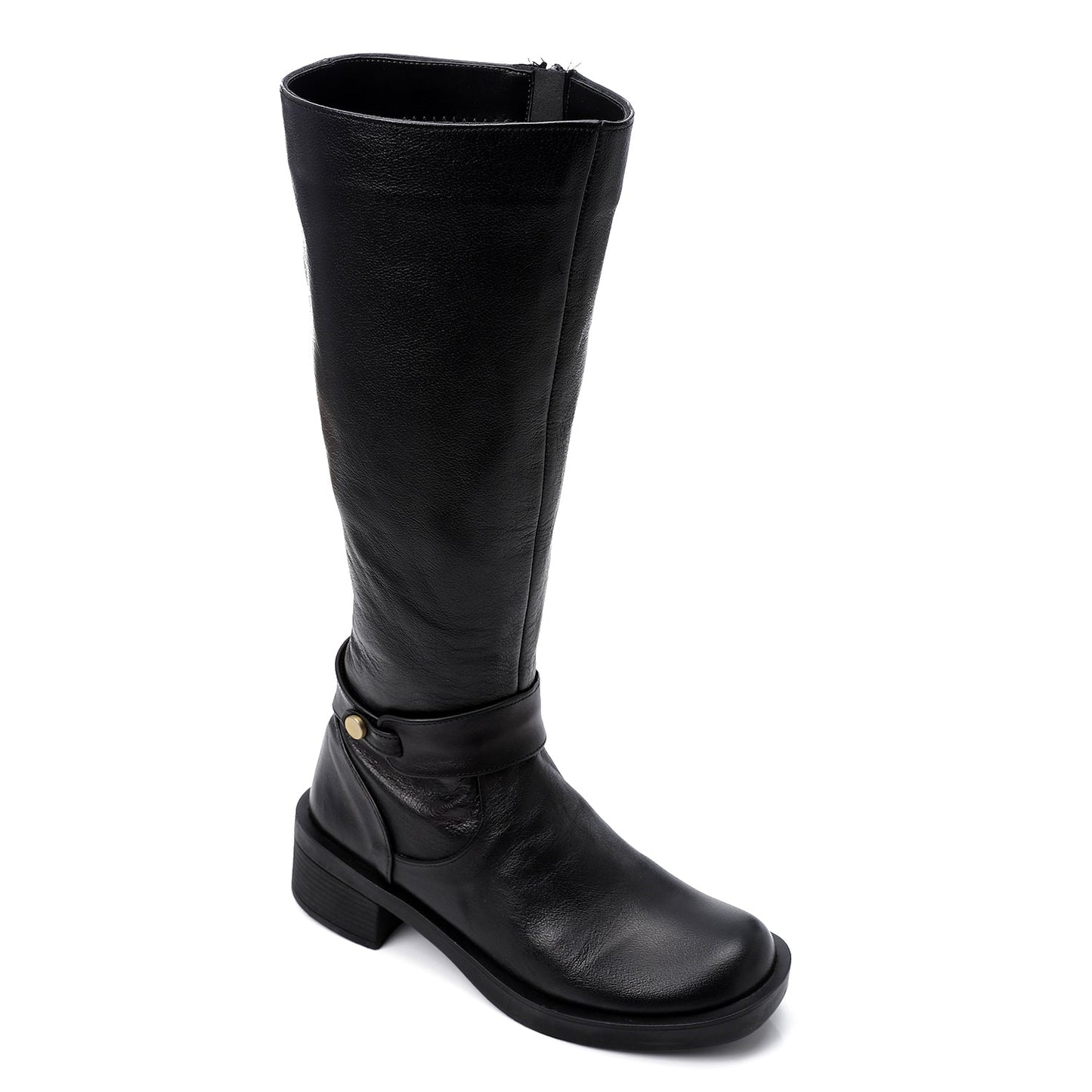 Faux Leather Buckle Detail Mid-Calf Boots - Black