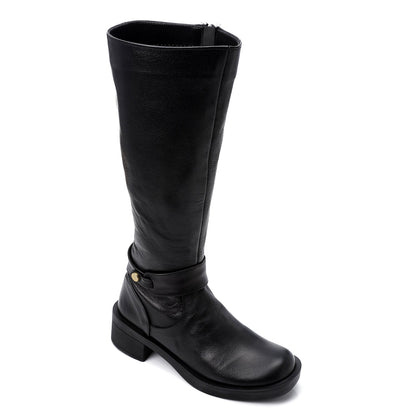 Faux Leather Buckle Detail Mid-Calf Boots - Black