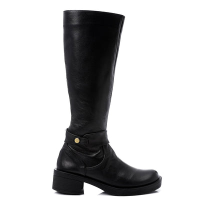 Faux Leather Buckle Detail Mid-Calf Boots - Black