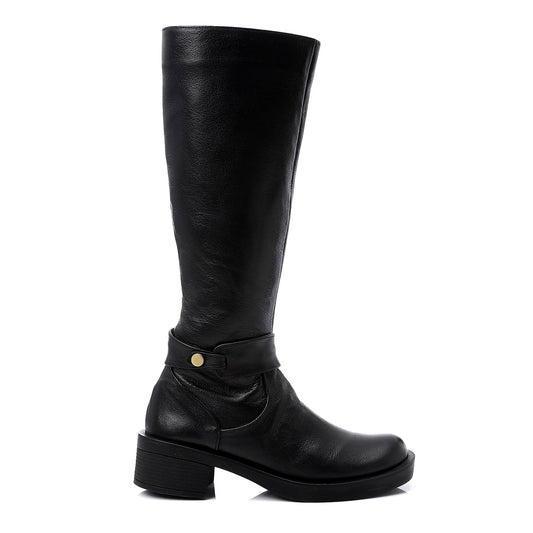 Faux Leather Buckle Detail Mid-Calf Boots - Black