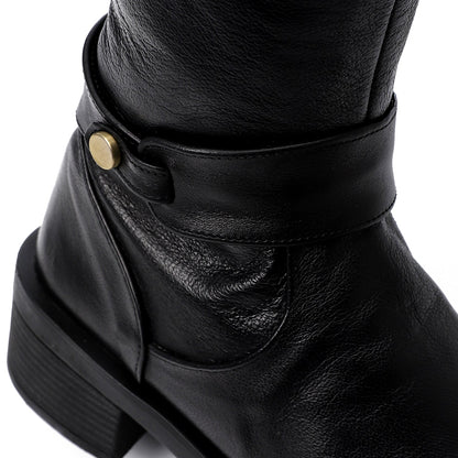Faux Leather Buckle Detail Mid-Calf Boots - Black