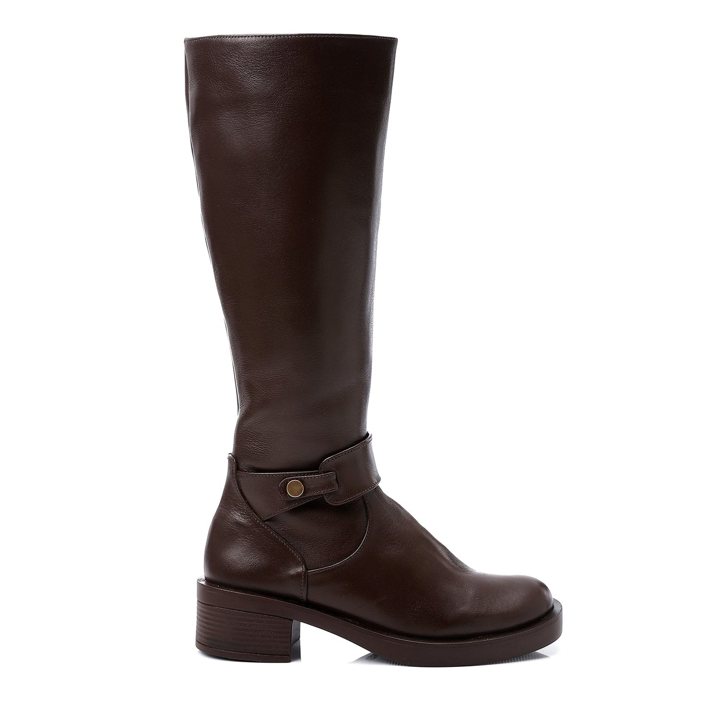 Faux Leather Buckle Detail Mid-Calf Boots - Brown
