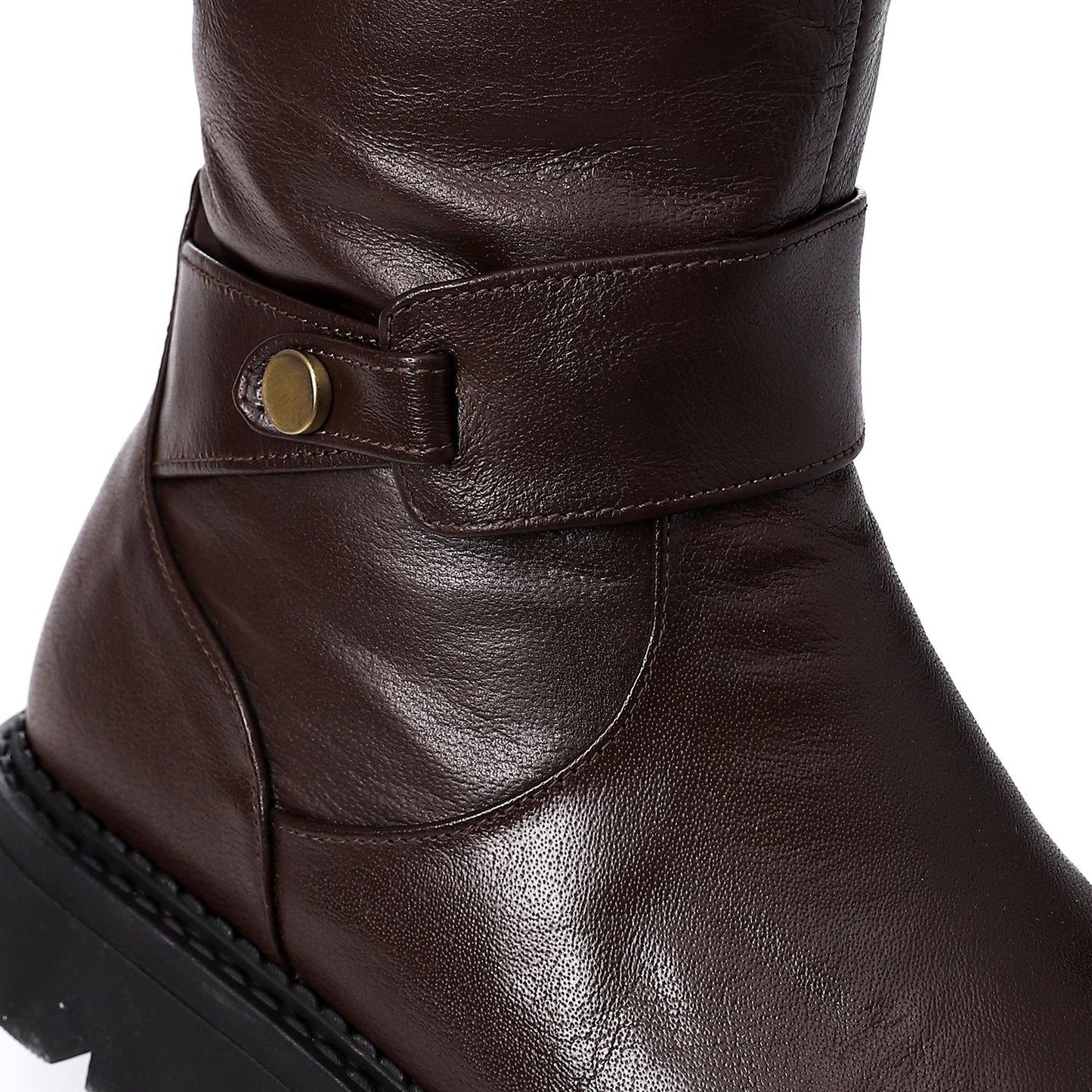 Faux Leather Buckle Detail Mid-Calf Boots - Brown