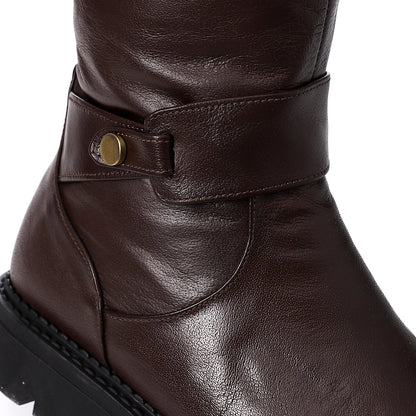 Faux Leather Buckle Detail Mid-Calf Boots - Brown