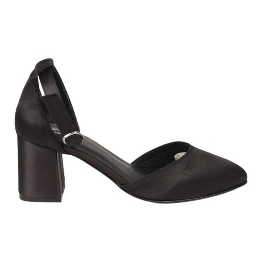 Satin Ankle-Strap Block Heels – Black