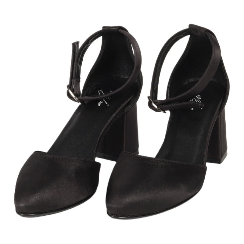 Satin Ankle-Strap Block Heels – Black