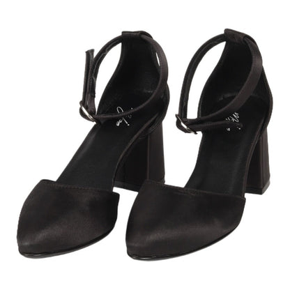 Satin Ankle-Strap Block Heels – Black
