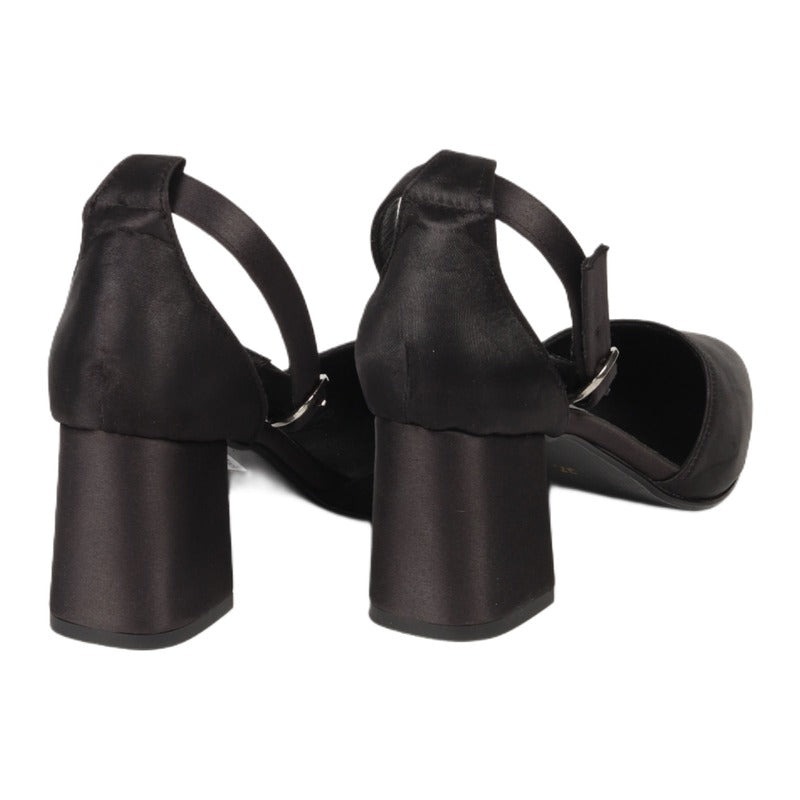 Satin Ankle-Strap Block Heels – Black