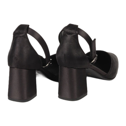 Satin Ankle-Strap Block Heels – Black
