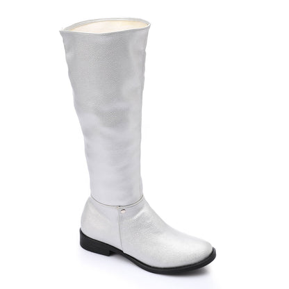 Faux Leather Solid Knee-High Boots - Silver