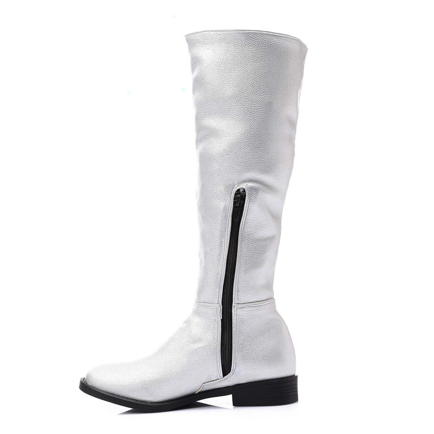 Faux Leather Solid Knee-High Boots - Silver