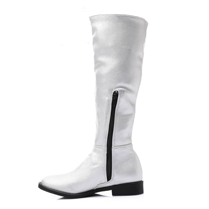 Faux Leather Solid Knee-High Boots - Silver