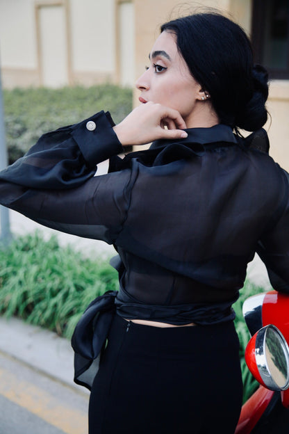 Organza Ruffled Wrap Blouse – Black