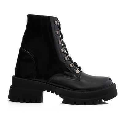 Faux Leather Plain Lace-Up Army Boots – Black