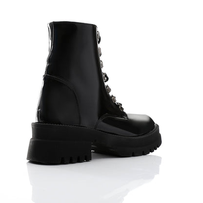 Faux Leather Plain Lace-Up Army Boots – Black