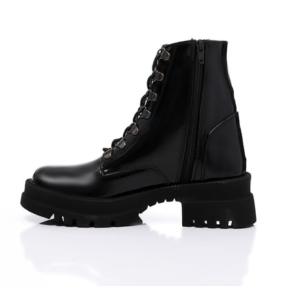Faux Leather Plain Lace-Up Army Boots – Black