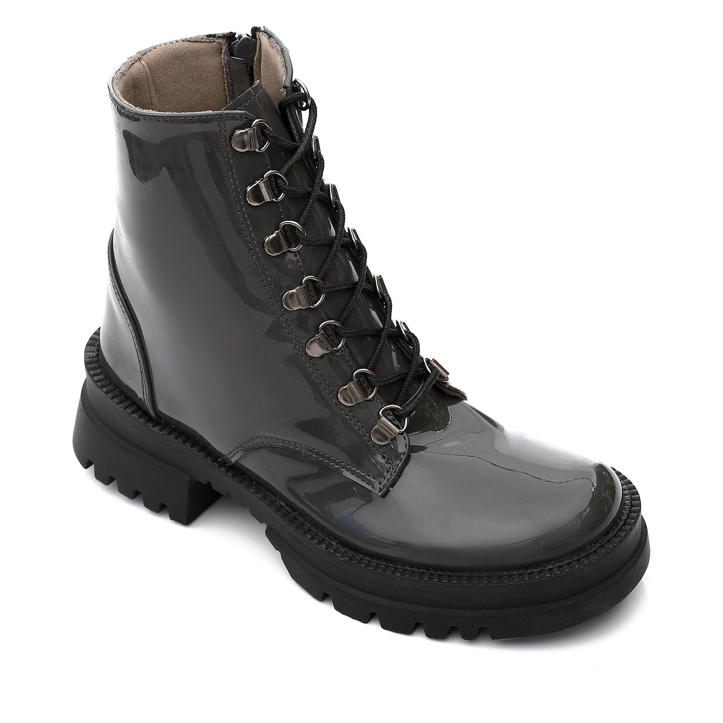 Faux Leather Plain Lace-Up Army Boots – Dark Grey