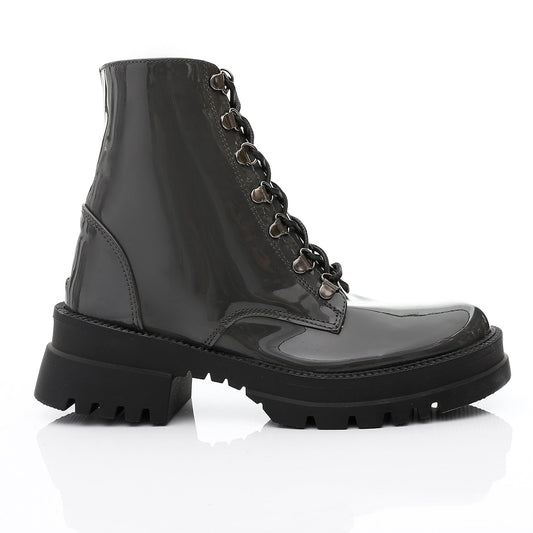 Faux Leather Plain Lace-Up Army Boots – Dark Grey