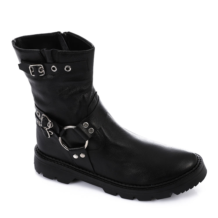 Genuine Leather Half Boots Adorned With Buckles Black