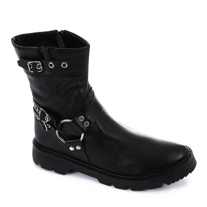 Genuine Leather Half Boots Adorned With Buckles Black