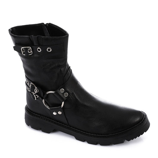 Genuine Leather Half Boots Adorned With Buckles Black