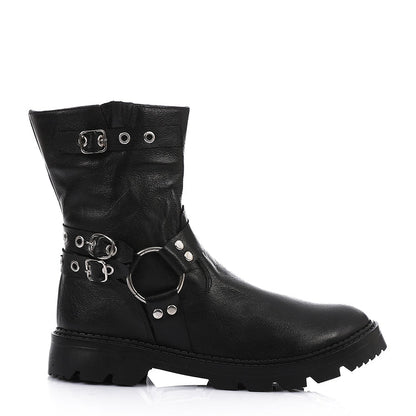Genuine Leather Half Boots Adorned With Buckles Black