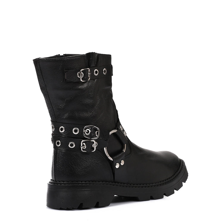 Genuine Leather Half Boots Adorned With Buckles Black
