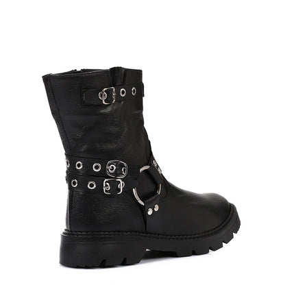 Genuine Leather Half Boots Adorned With Buckles Black
