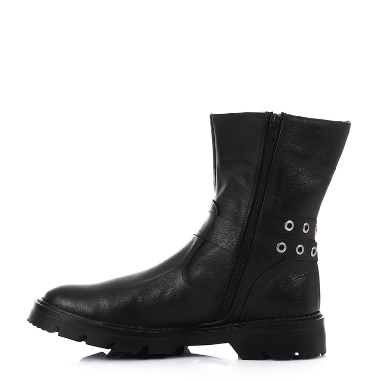 Genuine Leather Half Boots Adorned With Buckles Black