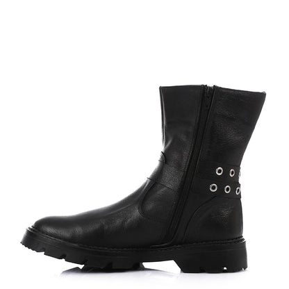Genuine Leather Half Boots Adorned With Buckles Black