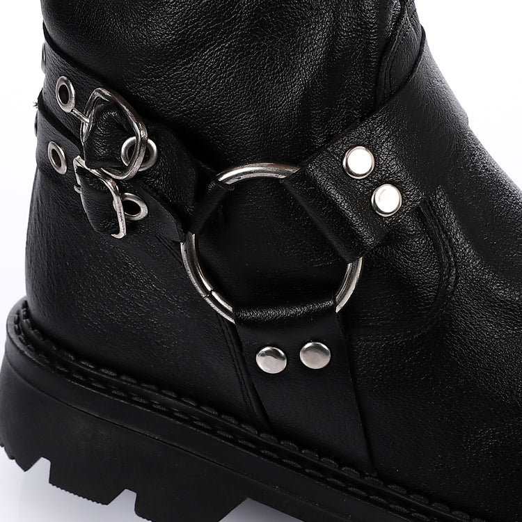 Genuine Leather Half Boots Adorned With Buckles Black