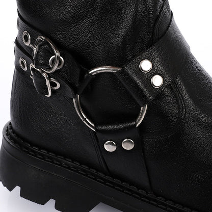 Genuine Leather Half Boots Adorned With Buckles Black