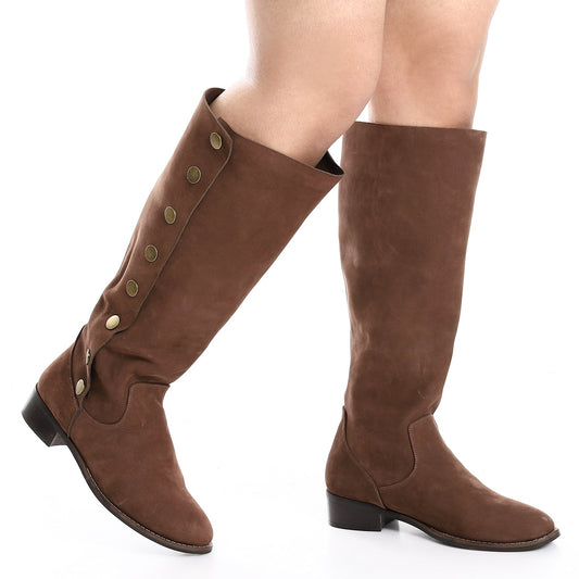 Suede Snap Button Knee-High Boots – Brown