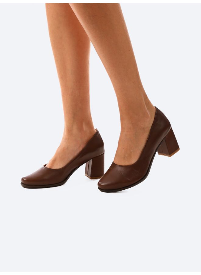Leather Comfort Block Heel Pumps - Dark Brown