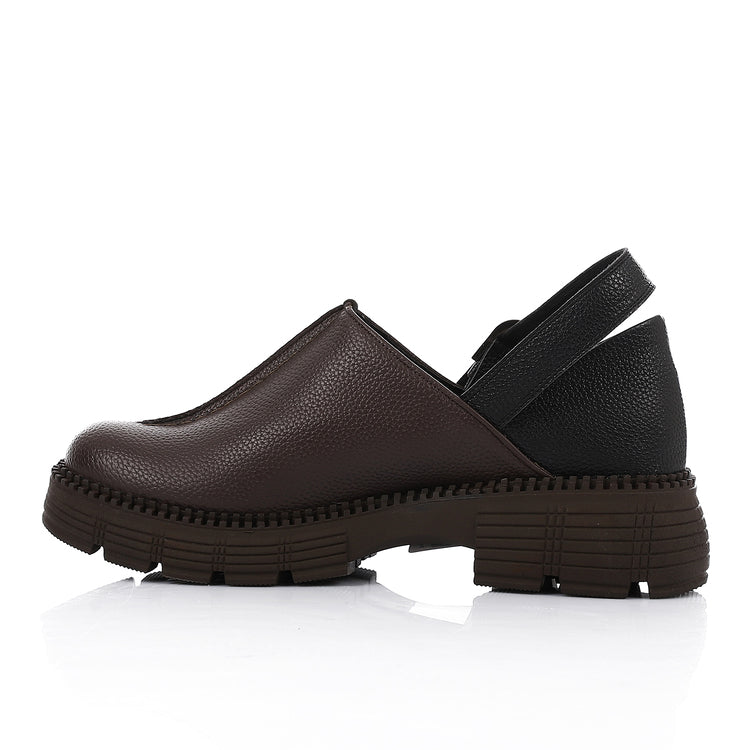 Leather Plain Slingback Shoes - Brown