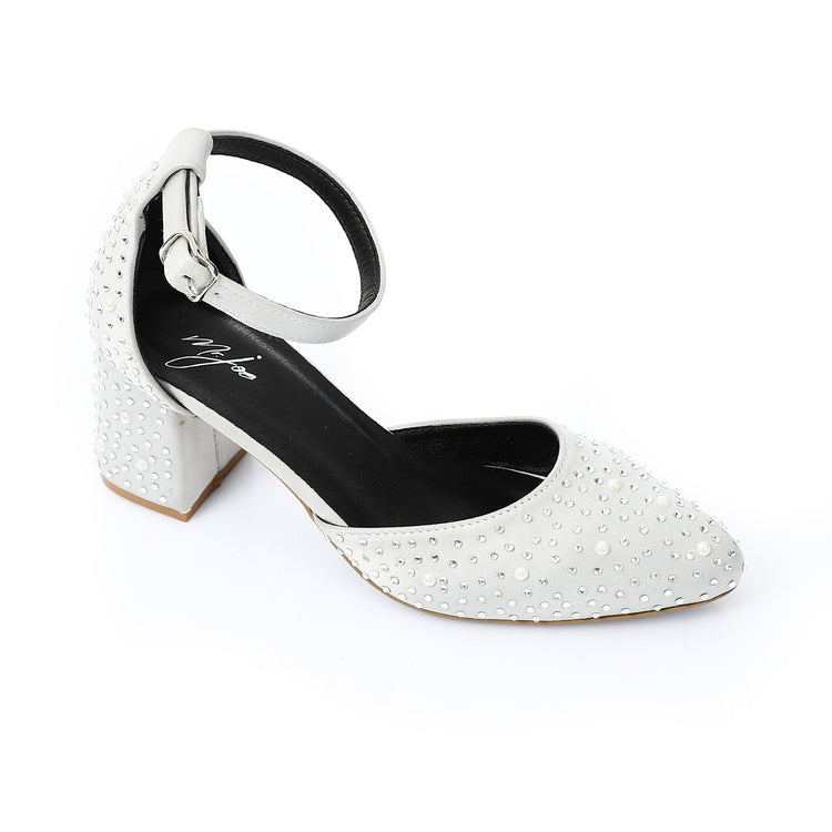 Satin Embellished Block Heel Ankle-Strap Shoes – White
