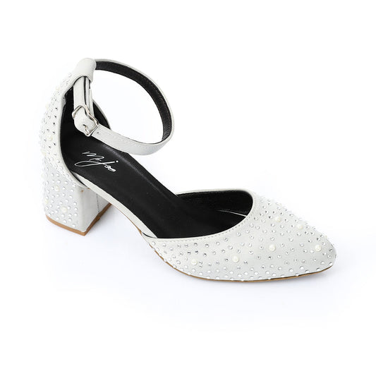Satin Embellished Block Heel Ankle-Strap Shoes – White