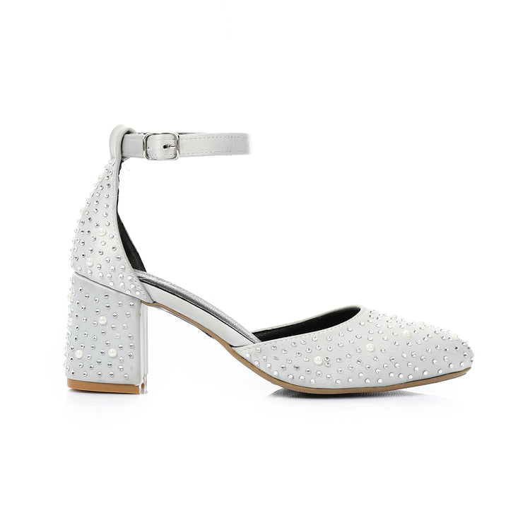 Satin Embellished Block Heel Ankle-Strap Shoes – White
