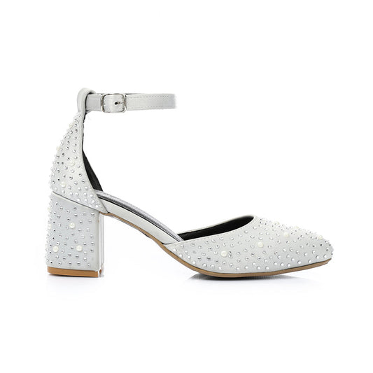 Satin Embellished Block Heel Ankle-Strap Shoes – White