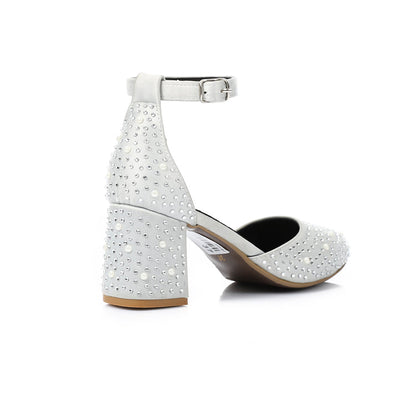 Satin Embellished Block Heel Ankle-Strap Shoes – White