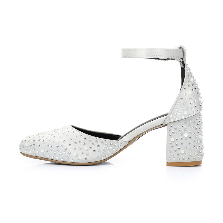 Satin Embellished Block Heel Ankle-Strap Shoes – White