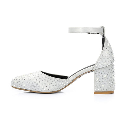 Satin Embellished Block Heel Ankle-Strap Shoes – White