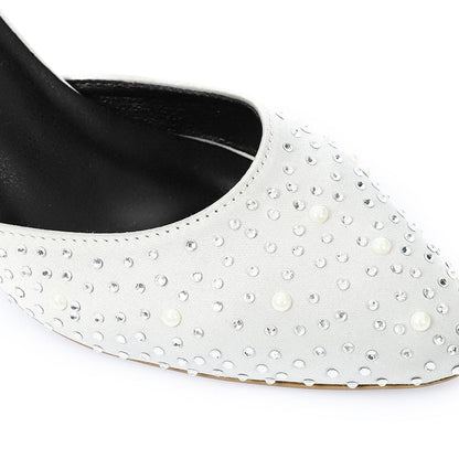 Satin Embellished Block Heel Ankle-Strap Shoes – White