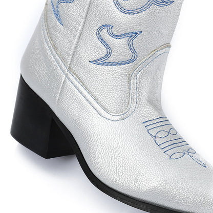 Faux Leather Pointed-Toe Western Block Heel Boots - Silver