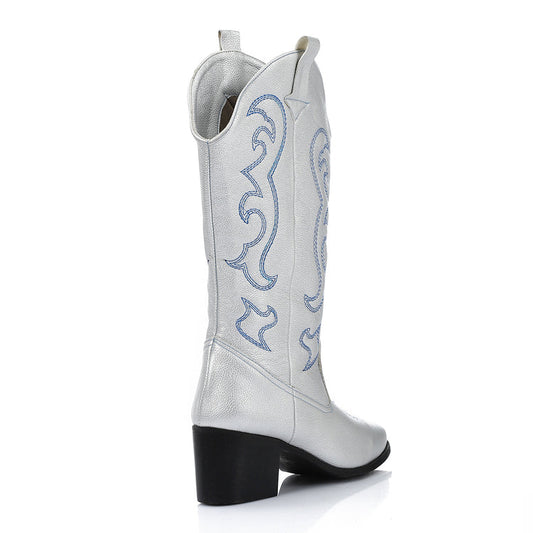 Faux Leather Pointed-Toe Western Block Heel Boots - Silver