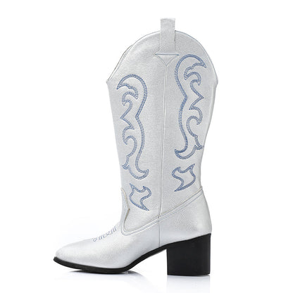 Faux Leather Pointed-Toe Western Block Heel Boots - Silver