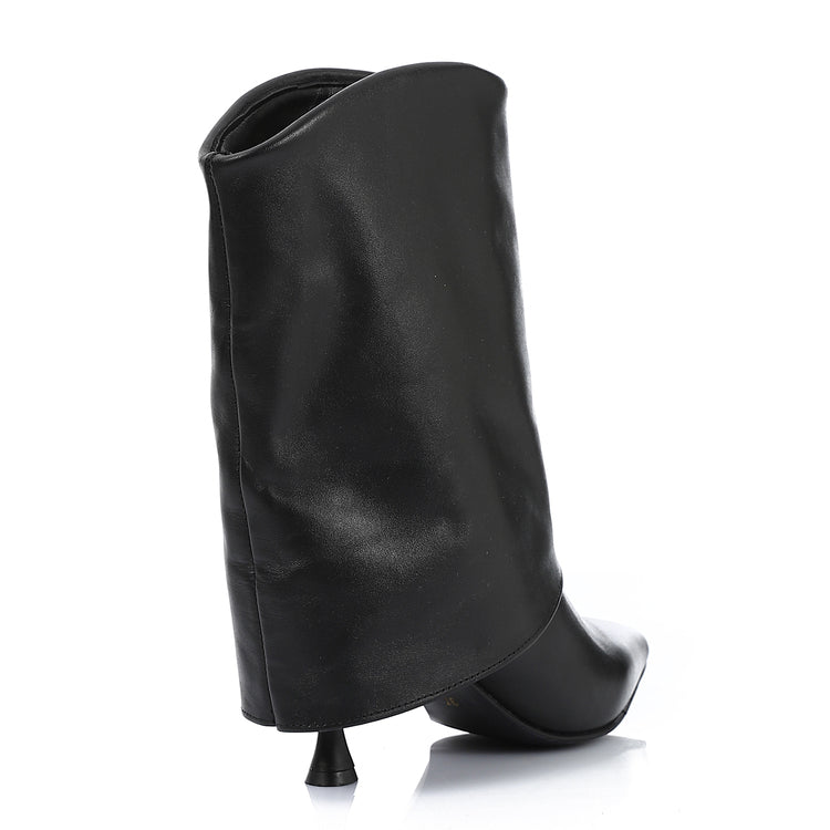 Leather Pointed-Toe Stiletto Heel Pull-On Boots - Black