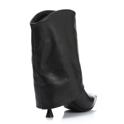 Leather Pointed-Toe Stiletto Heel Pull-On Boots - Black
