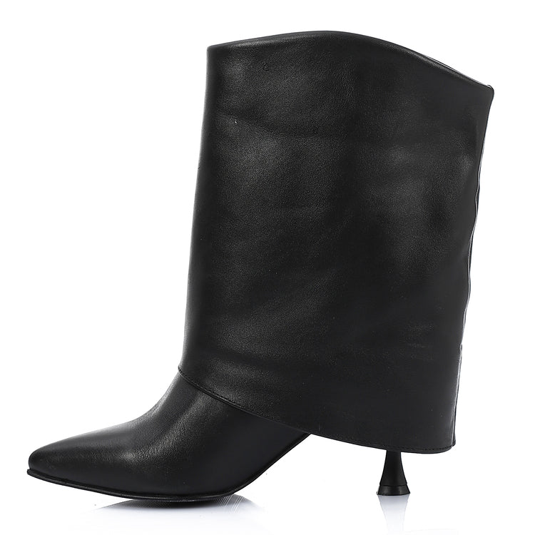 Leather Pointed-Toe Stiletto Heel Pull-On Boots - Black