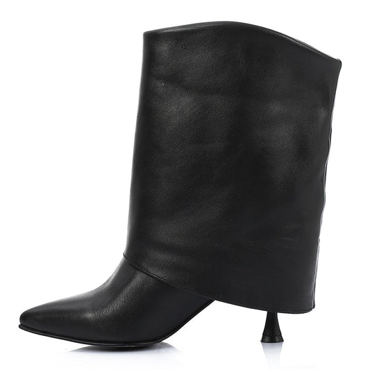 Leather Pointed-Toe Stiletto Heel Pull-On Boots - Black